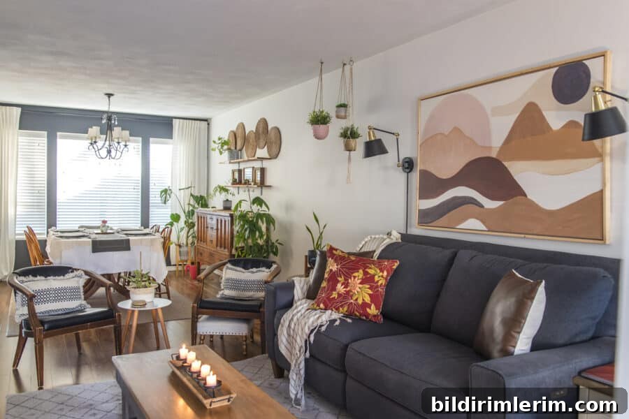 living and dining room with boho fall decor