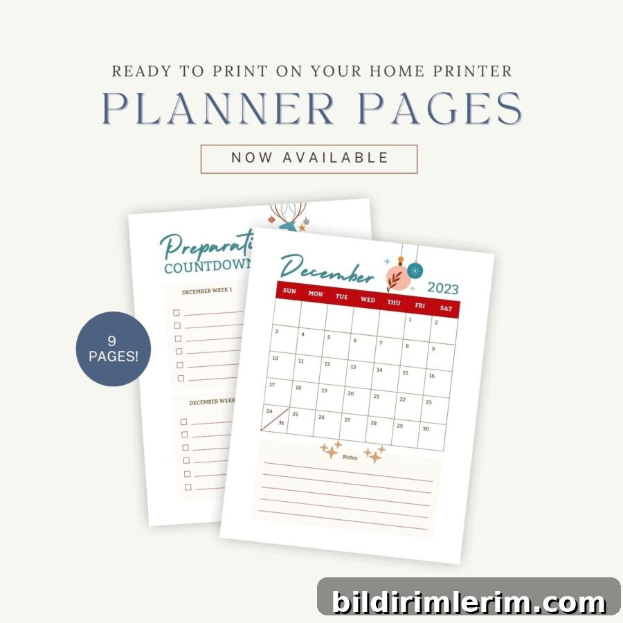 2 samples of a printable Christmas planner set including a preparations countdown and a blank December calendar page.