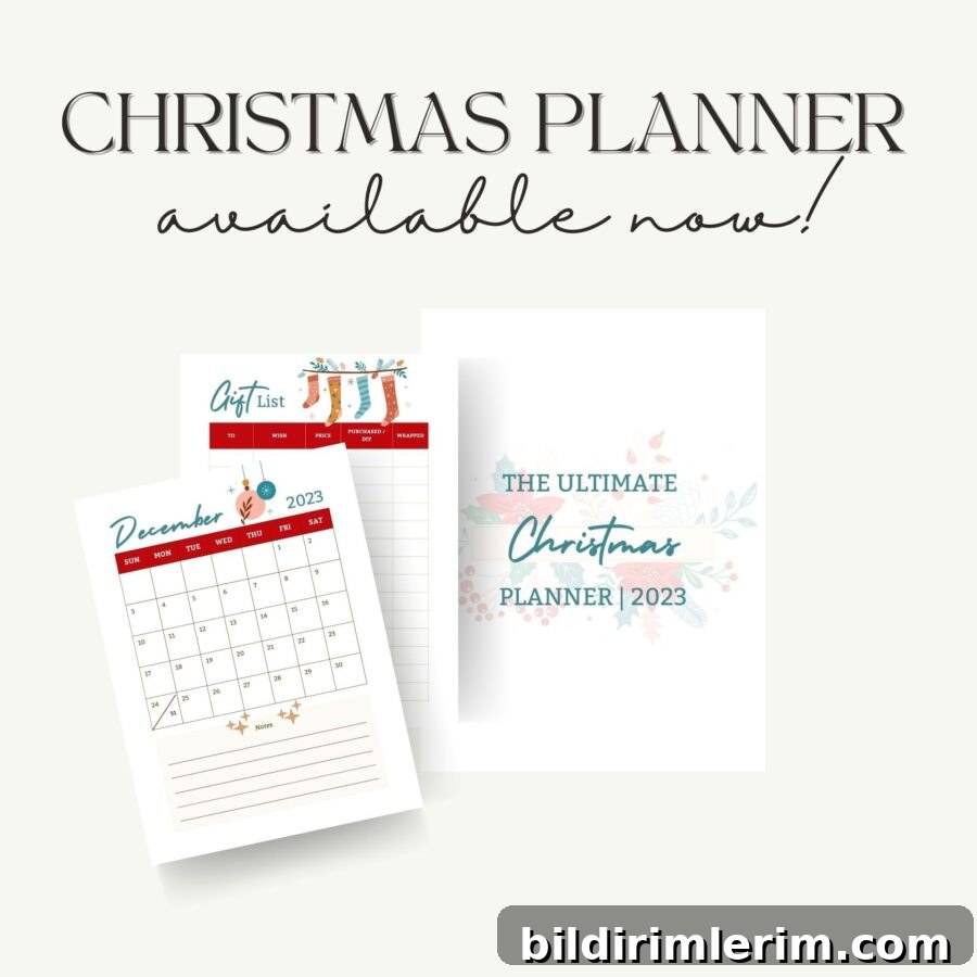 Samples of a free printables Christmas planner set with the pages of a blank December calendar and gift list.