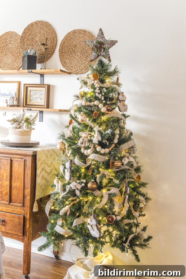 a christmas tree decorated in white garland, dried orange slices, and brown and gold ornaments