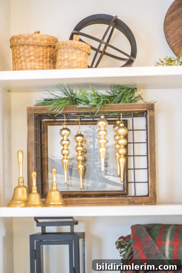simple christmas decor in a bookshelf