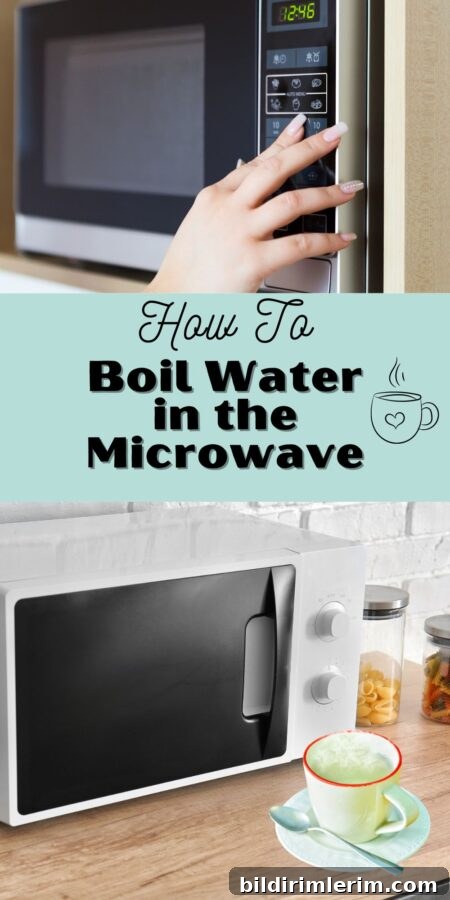 How to Boil Water in the Microwave Without Superheating 3 A collage of pictures with a microwave and a cup of steaming water titled "how to boil water in the microwave".