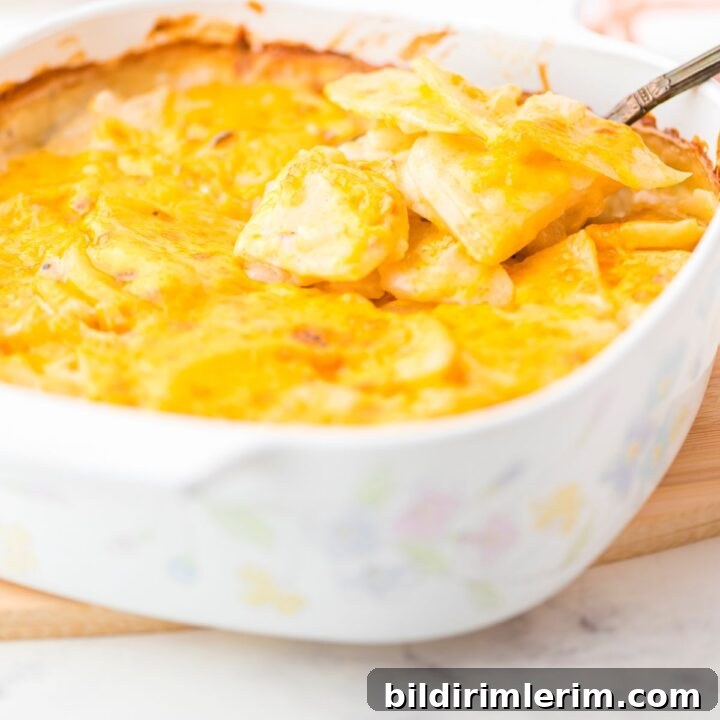 A casserole dish with scalloped potatoes and cheesy topping