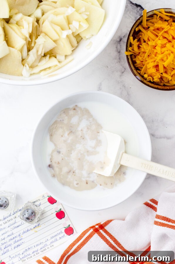 Scalloped Potatoes with Cream of Mushroom Soup and Cheese 6 Mushroom soup and milk mixed for sauce