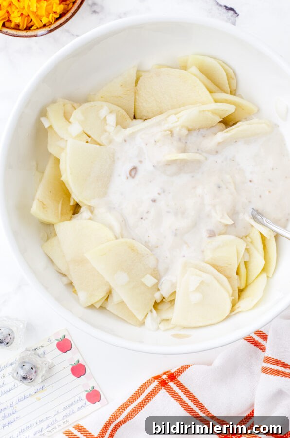 Scalloped Potatoes with Cream of Mushroom Soup and Cheese 7 Sauce poured over sliced potatoes