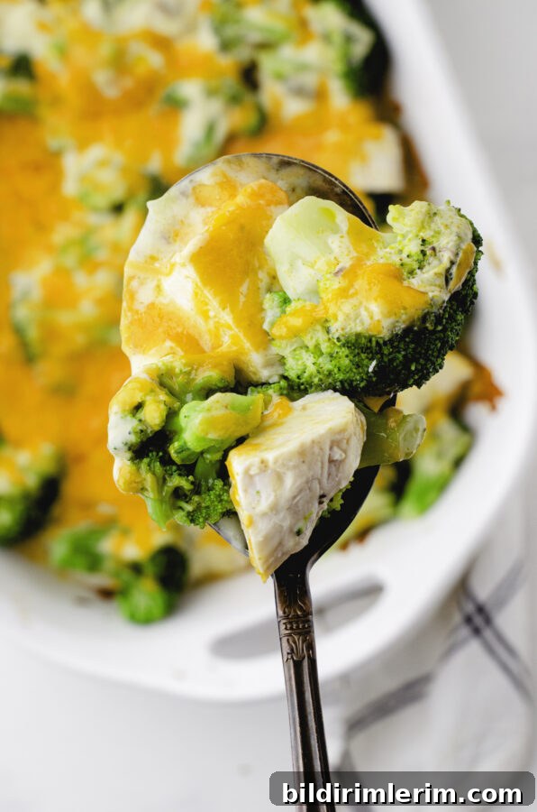 A large serving spoon full of Chicken Divan casserole ingredients - also known as Chicken Broccoli Casserole.