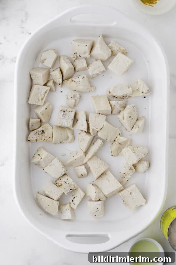 Diced cooked chicken in the bottom of a 9 x 13 inch baking dish