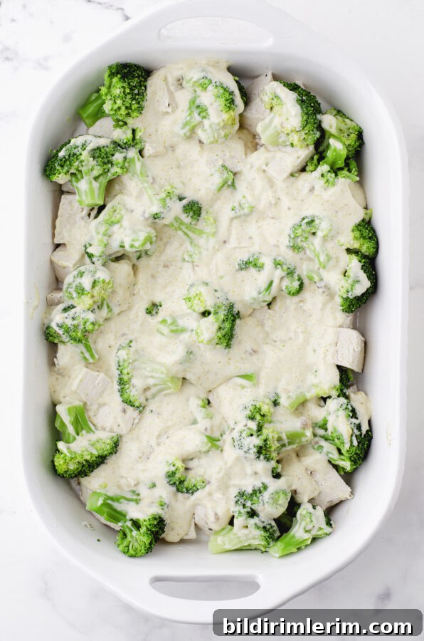 Chicken divan sauce poured over top of broccoli and chicken in baking dish for chicken divan casserole.