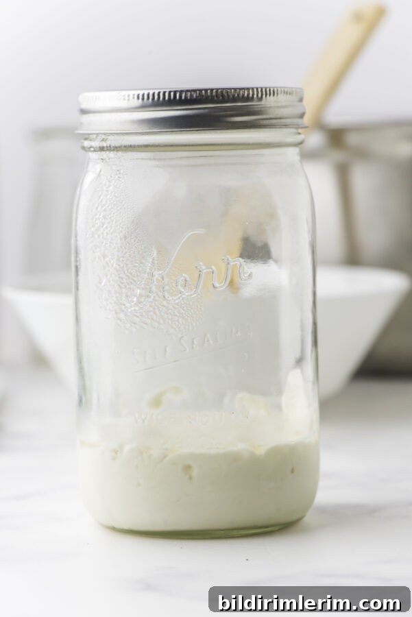 Sourdough starter in a mason jar.