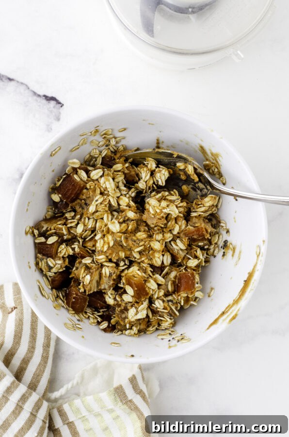 Date ball ingredients being stirred together in a bowl