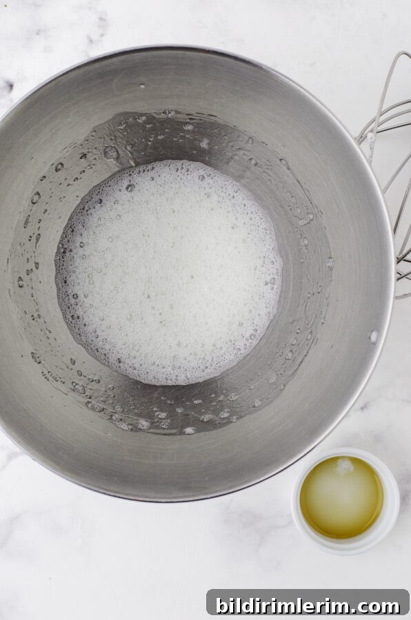 Frothy egg whites ready for sugar
