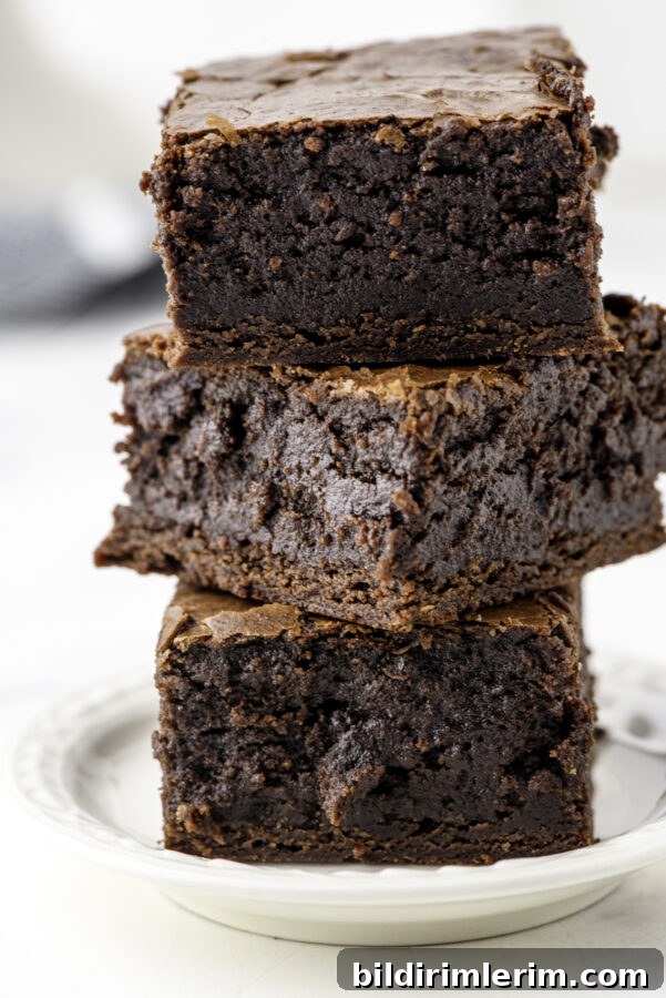 Soft, Fudgy Sourdough Discard Brownie Recipe 6 3 sourdough brownies in a stack.