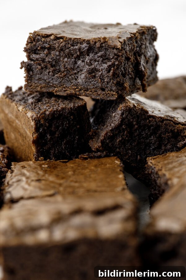 Soft, Fudgy Sourdough Discard Brownie Recipe 5 Sourdough brownies stacked up so you can see how soft and fudgy they are inside.