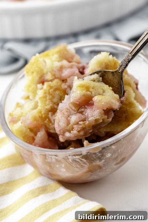 A bowl of rhubarb sticky pudding cake with a spoonful lifted out of it.