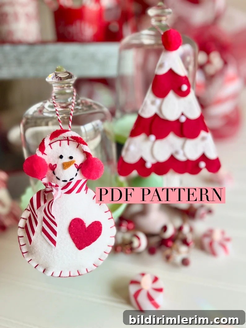 Felt snowman and christmas tree ornaments in the color red and white