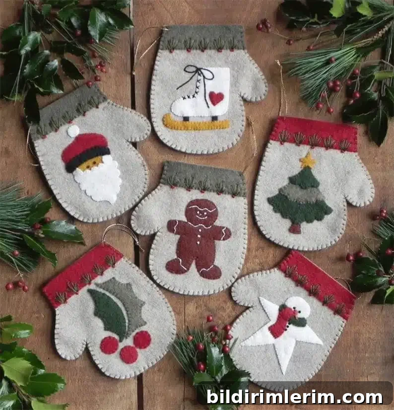 Felt Christmas ornaments in the shape of mittens with different Christmas designs on the front.