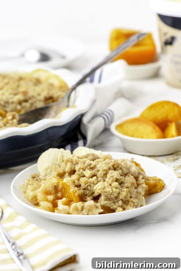 Peach crisp with ice cream on a dessert plate.