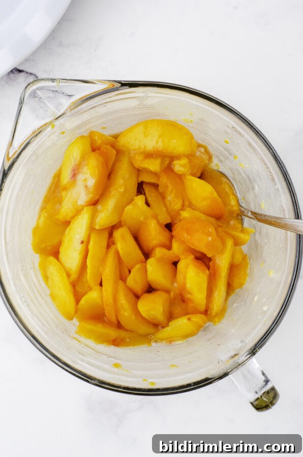 A bowl of sliced peaches with flour and sugar stirred into it.