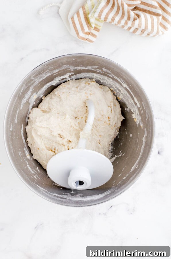 Honey oat sourdough bread dough after it has been mixed together with an electric mixer fitted with a dough hook.