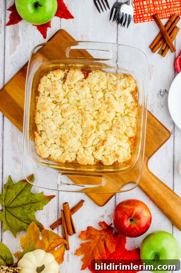 Old-Fashioned Apple Cobbler: Classic From-Scratch Recipe 2 A pan of apple cobbler on a table surrounded by plates, cinnamon sticks, forks, napkins, and fall leaves.