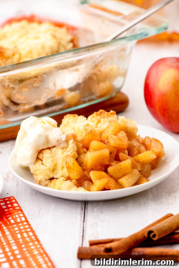 Old-Fashioned Apple Cobbler: Classic From-Scratch Recipe 9 A serving of apple cobbler with a scoop of vanilla ice cream