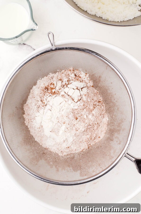 Dry ingredients being sifted into a large bowl.