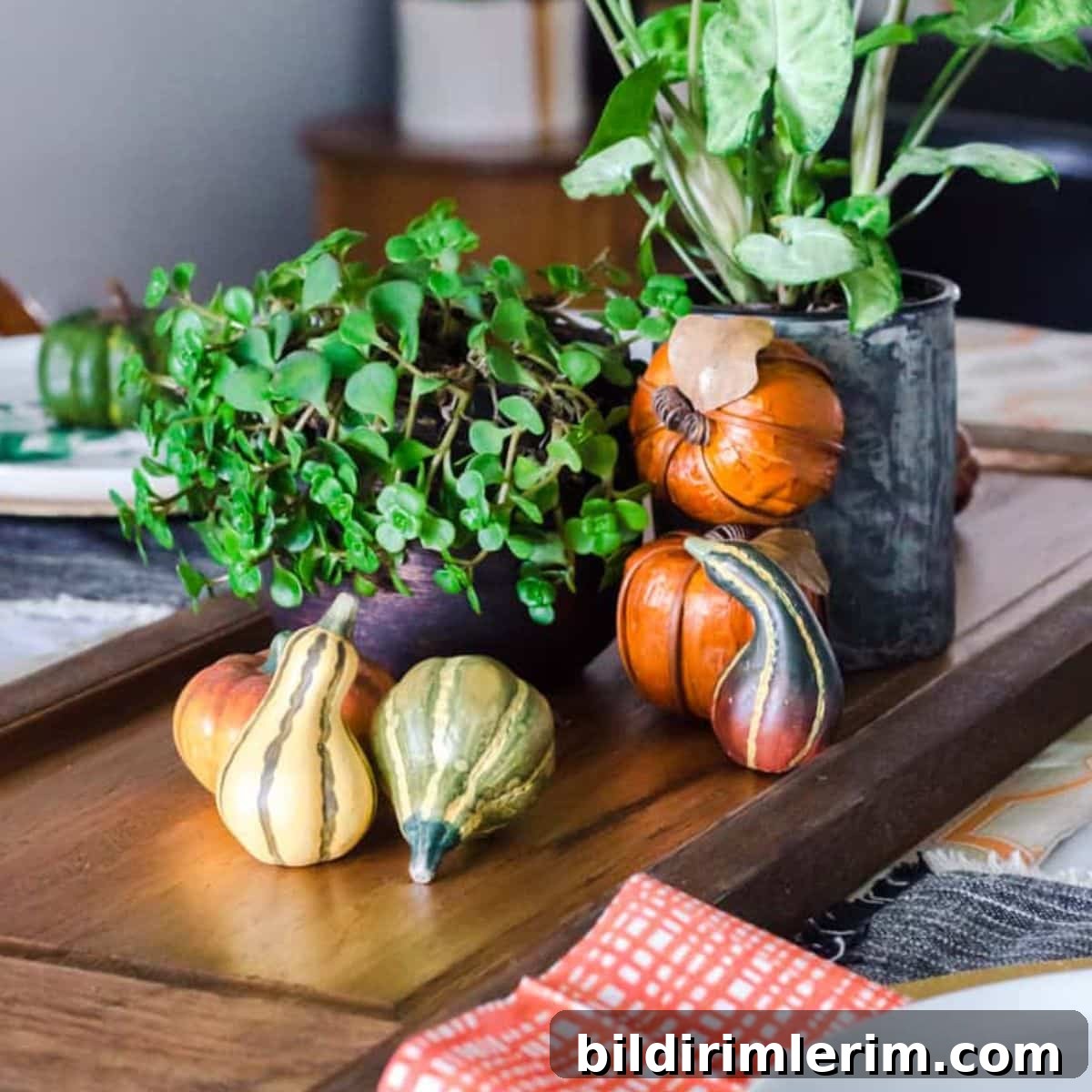 A Fall table centerpiece with plants and faux pumpkins.