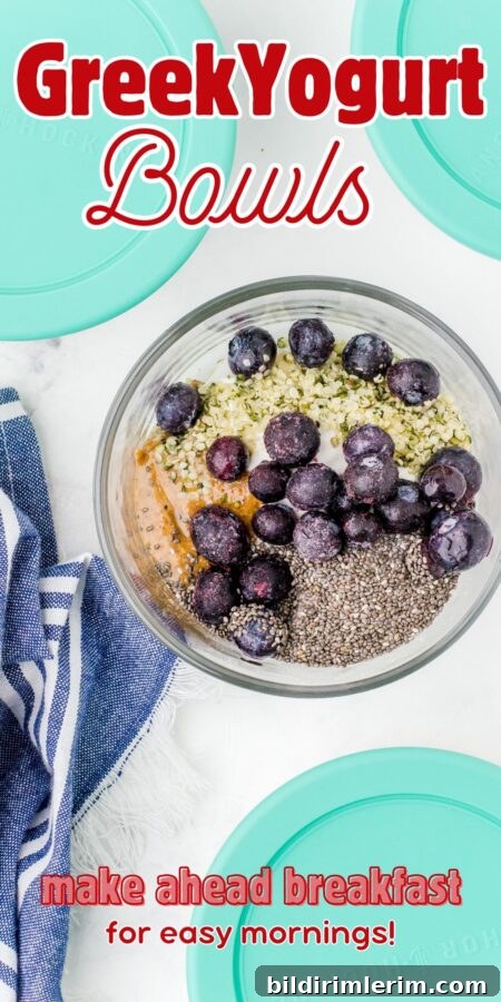 Make-Ahead Yogurt Bowls for Quick Grab-and-Go Breakfasts 9 A bowl of this greek yogurt bowl recipe with blueberries on the top.