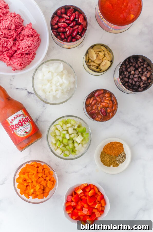 Warm Up with Classic Ground Beef and Bean Chili 3 Bowl of classic chili with ingredients