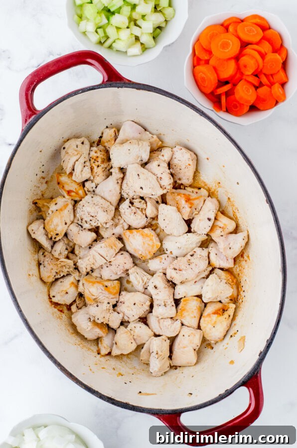 a dutch oven with cooked chicken pieces in it for chicken noodle soup.