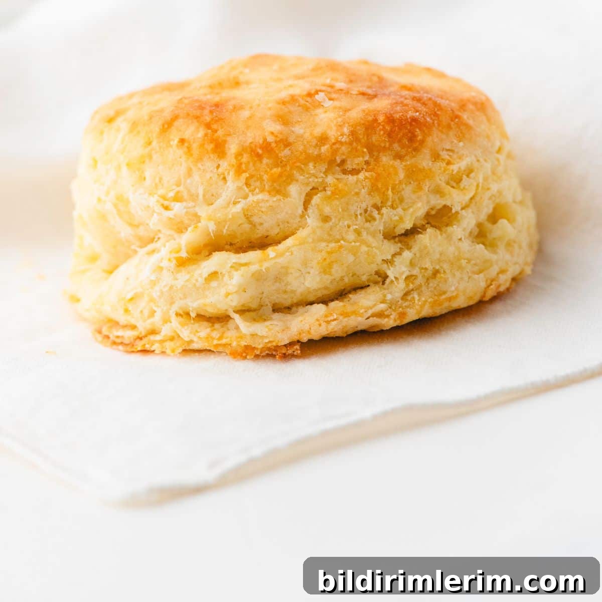 A close-up of a light and fluffy baking powder biscuit.