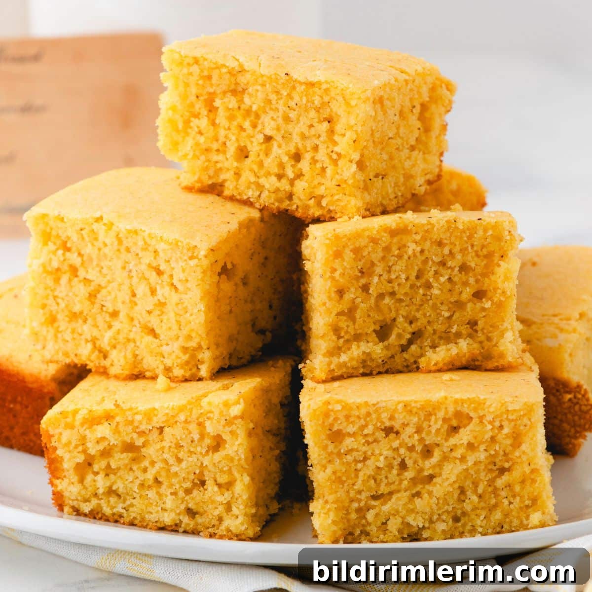 A stack of cornbread pieces on a serving plate.