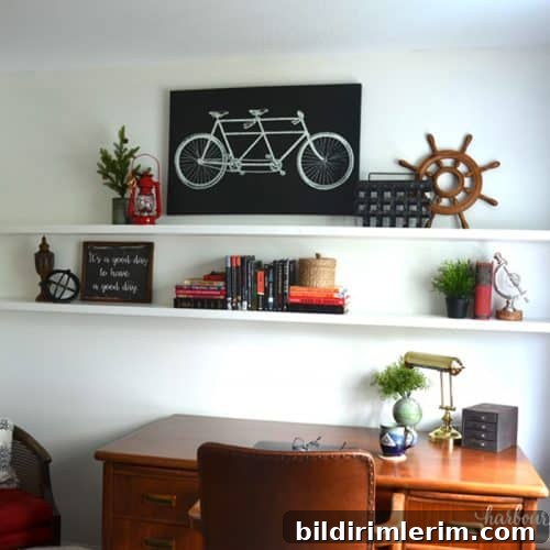 How to Hang Wall Decor: Tips and Practical Hacks 8 floating shelves made out of wood and painted white hanging above a desk
