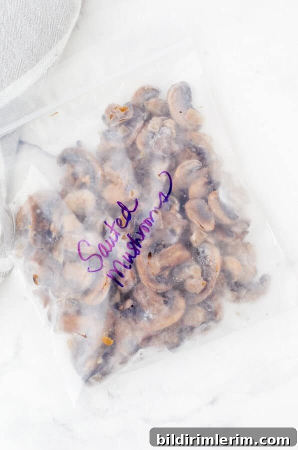 Frozen mushrooms in a zipper top freezer bag marked with the label "sautéed mushrooms".