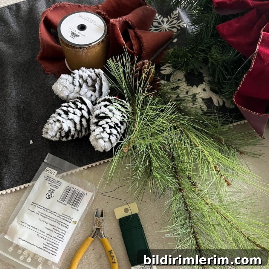 Supplies needed for an upcycled Christmas swag