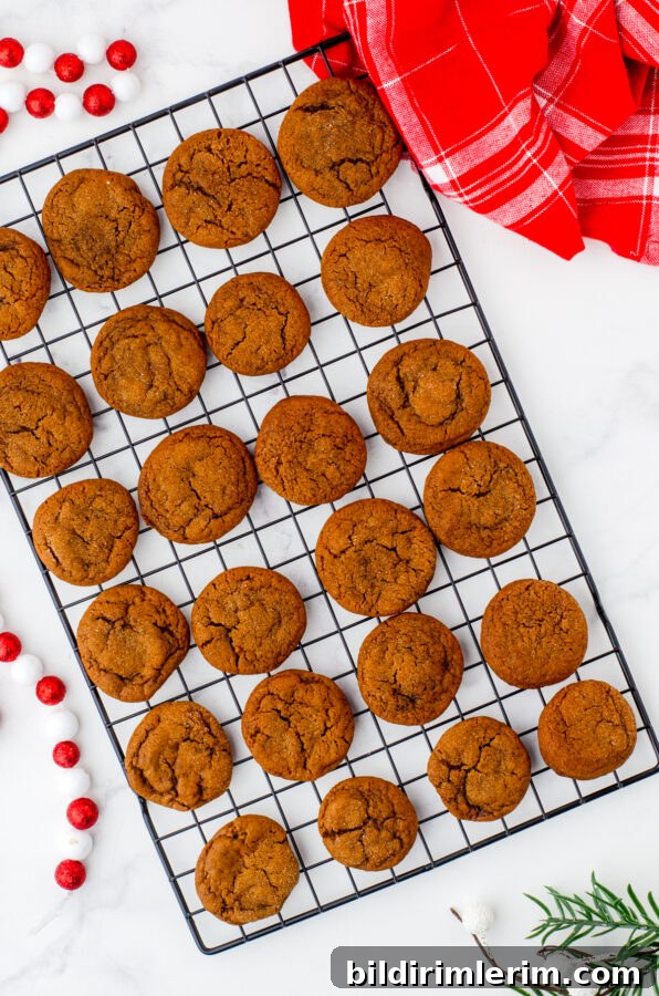 Gingersnaps cookies cooling on a wire baking rack.