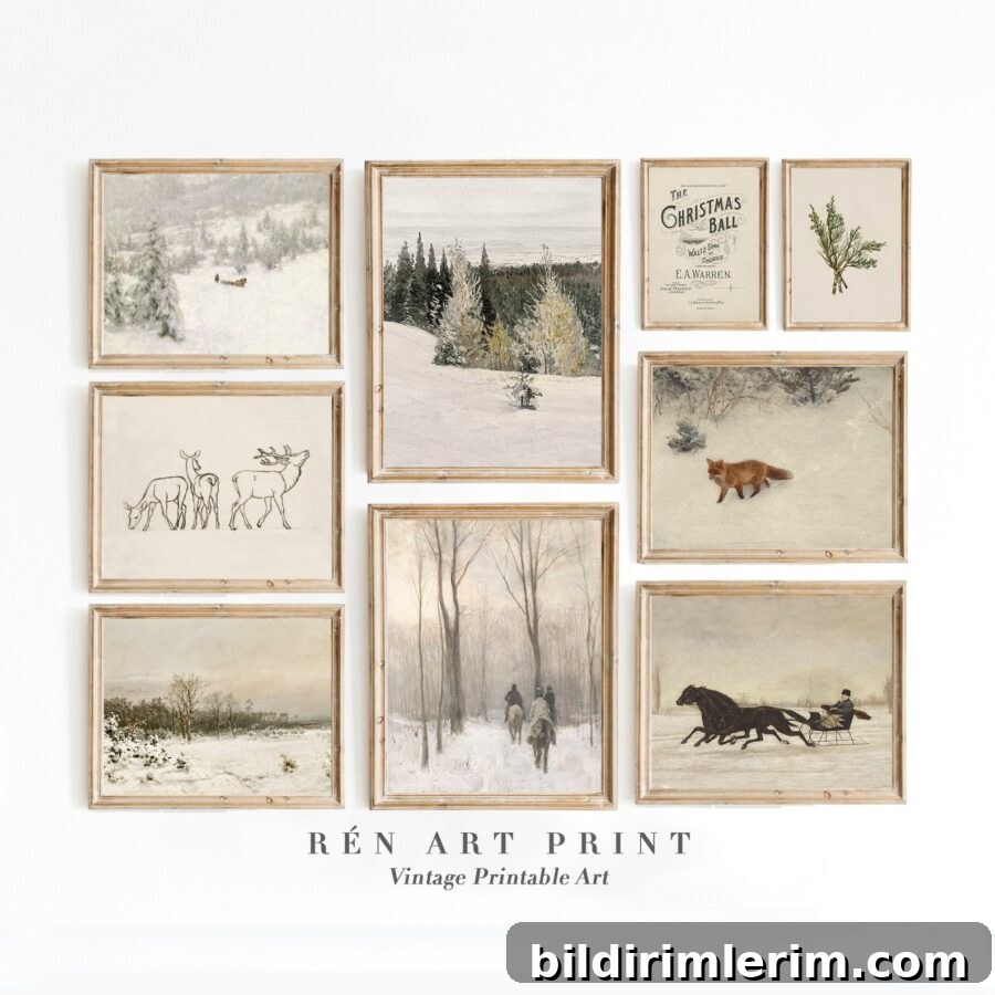 A collection of vintage wall art hung together to form a beautiful gallery wall perfect for Christmas or winter
