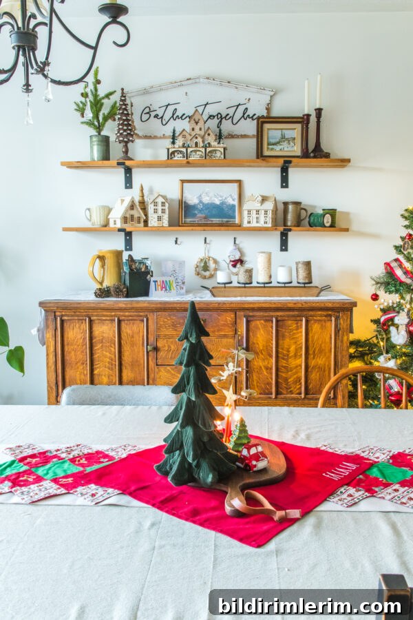 Antique buffet with shelves above with decorations for Christmas
