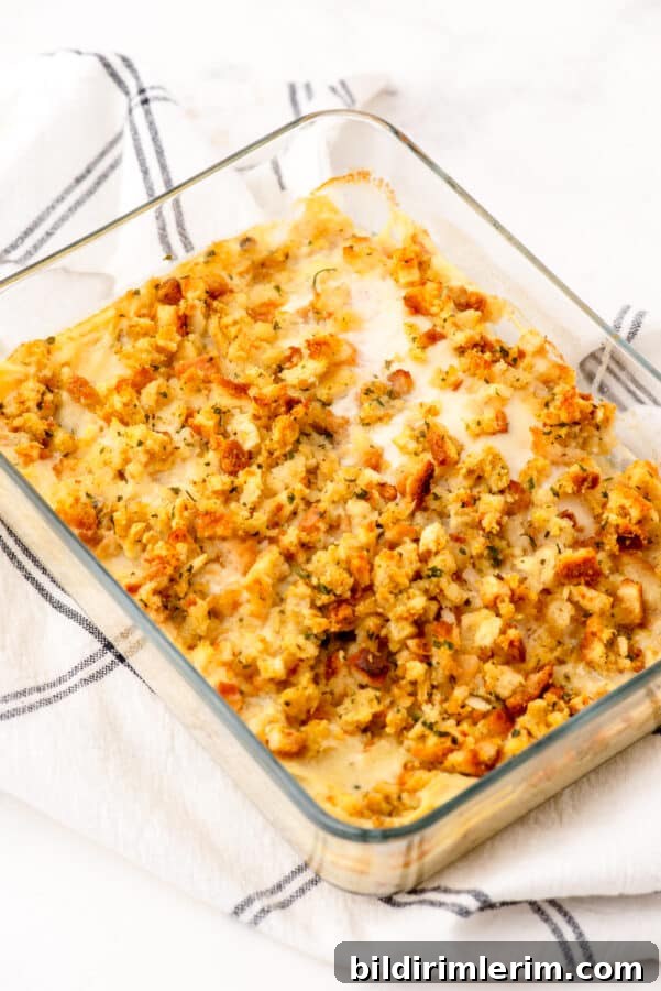 Swiss Chicken Casserole with Savory Stuffing 2 Baked Swiss chicken casserole in a casserole dish