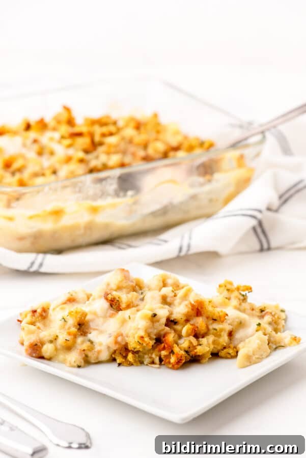 Swiss Chicken Casserole with Savory Stuffing 8 A plated portion of Swiss chicken casserole