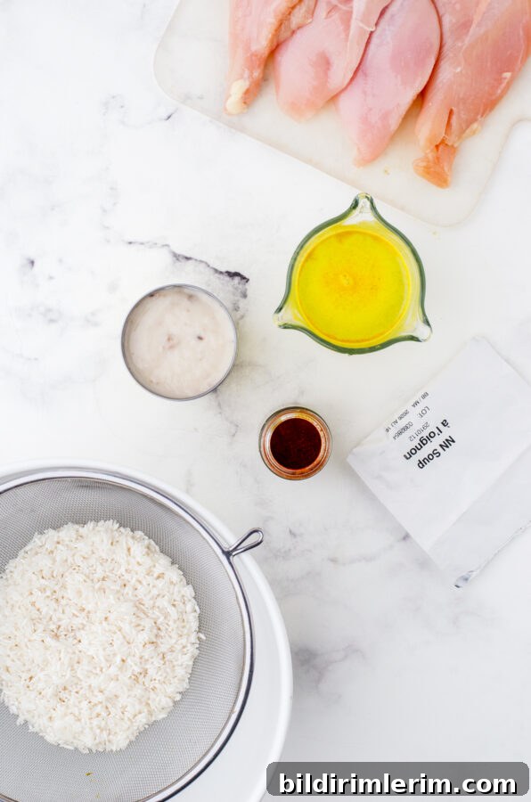 Ingredients for chicken rice pilaf: rice, broth and soups.
