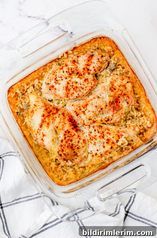 Baked chicken rice pilaf in a baking dish.