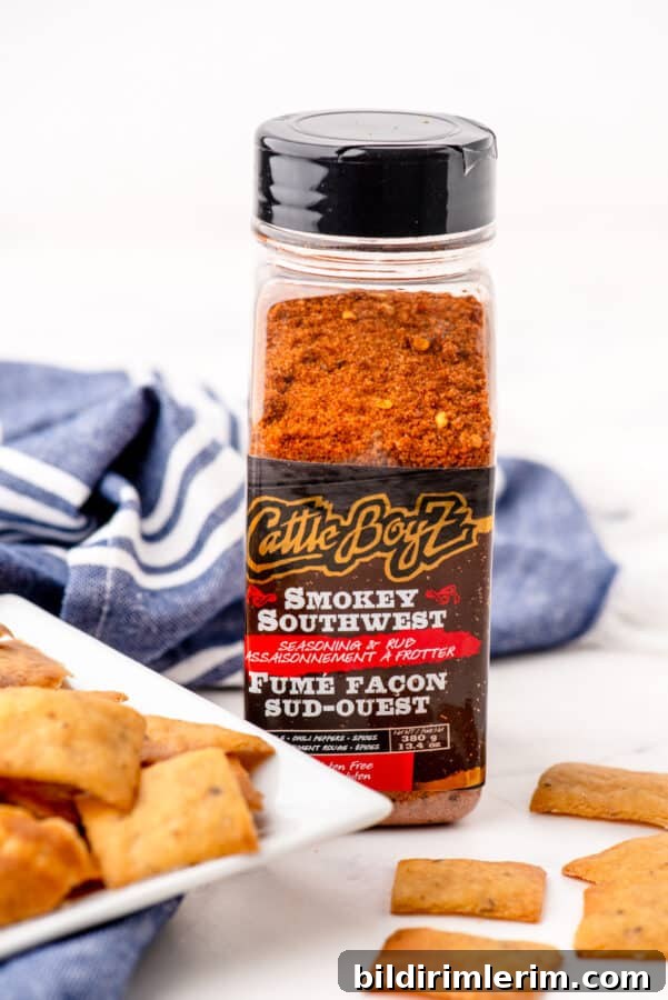 A container of smokey southwest seasoning beside a plate of sourdough chips.