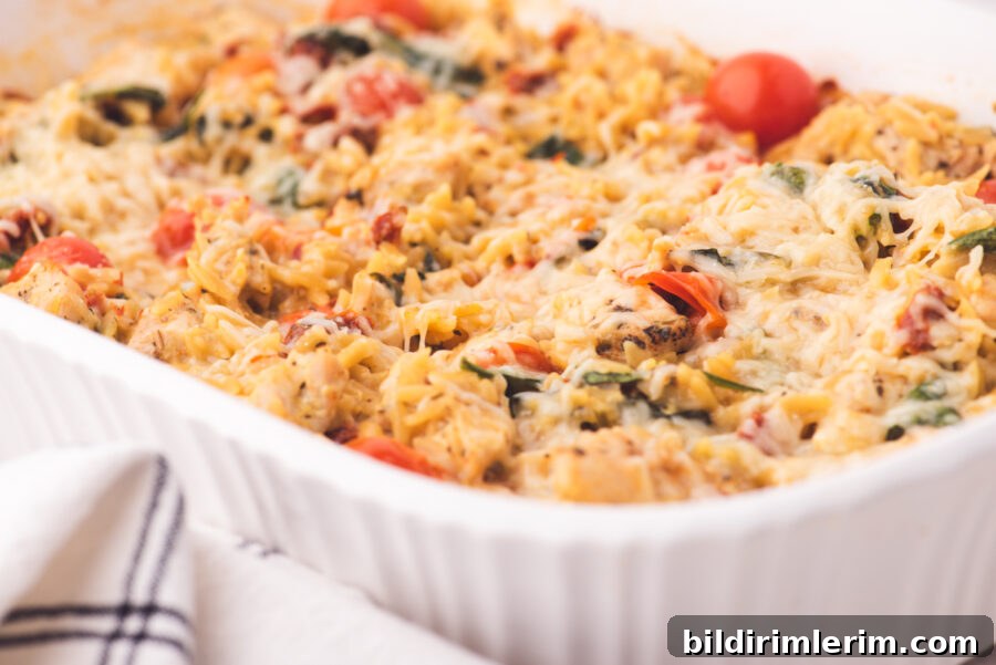 Orzo Chicken Casserole in a white baking dish.