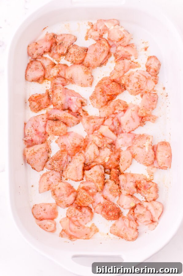 Diced chicken coated in spices in the bottom of a baking dish.
