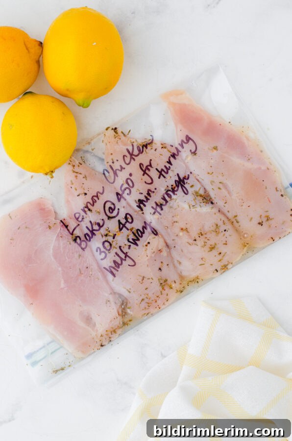 Lemon Chicken marinade in a marked ziptop bag with chicken breasts and marinade inside with lemons sitting above it.