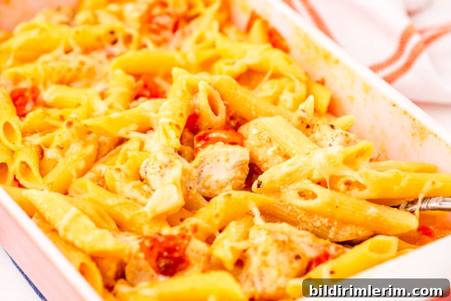 Baked feta chicken pasta in a baking dish