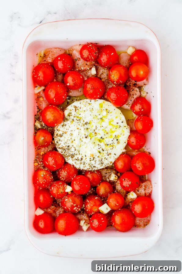 Feta, chicken, garlic and cherry tomatoes layered in a pan