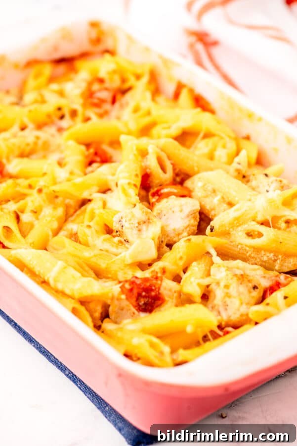 Finished baked feta chicken pasta served in pan