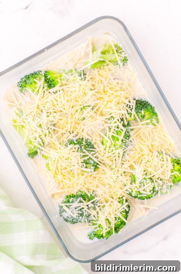 Layered casserole before baking